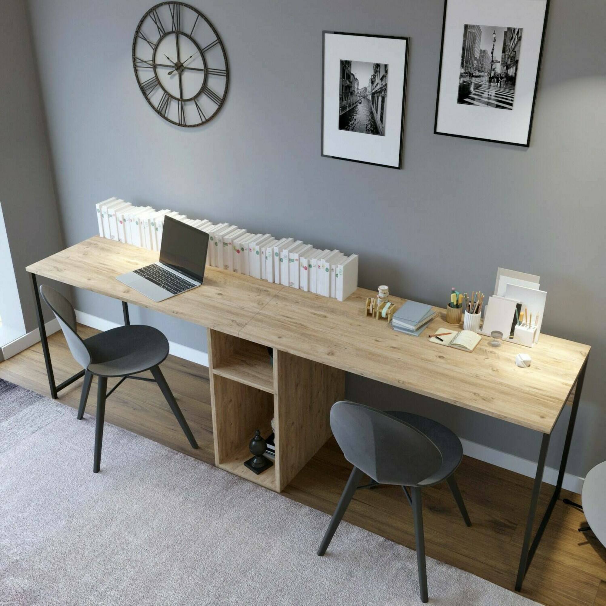 foto del prodotto scrivania asarat, scrittoio multiuso, tavolo per ufficio porta pc, piano di lavoro, 240x60h74 cm, quercia