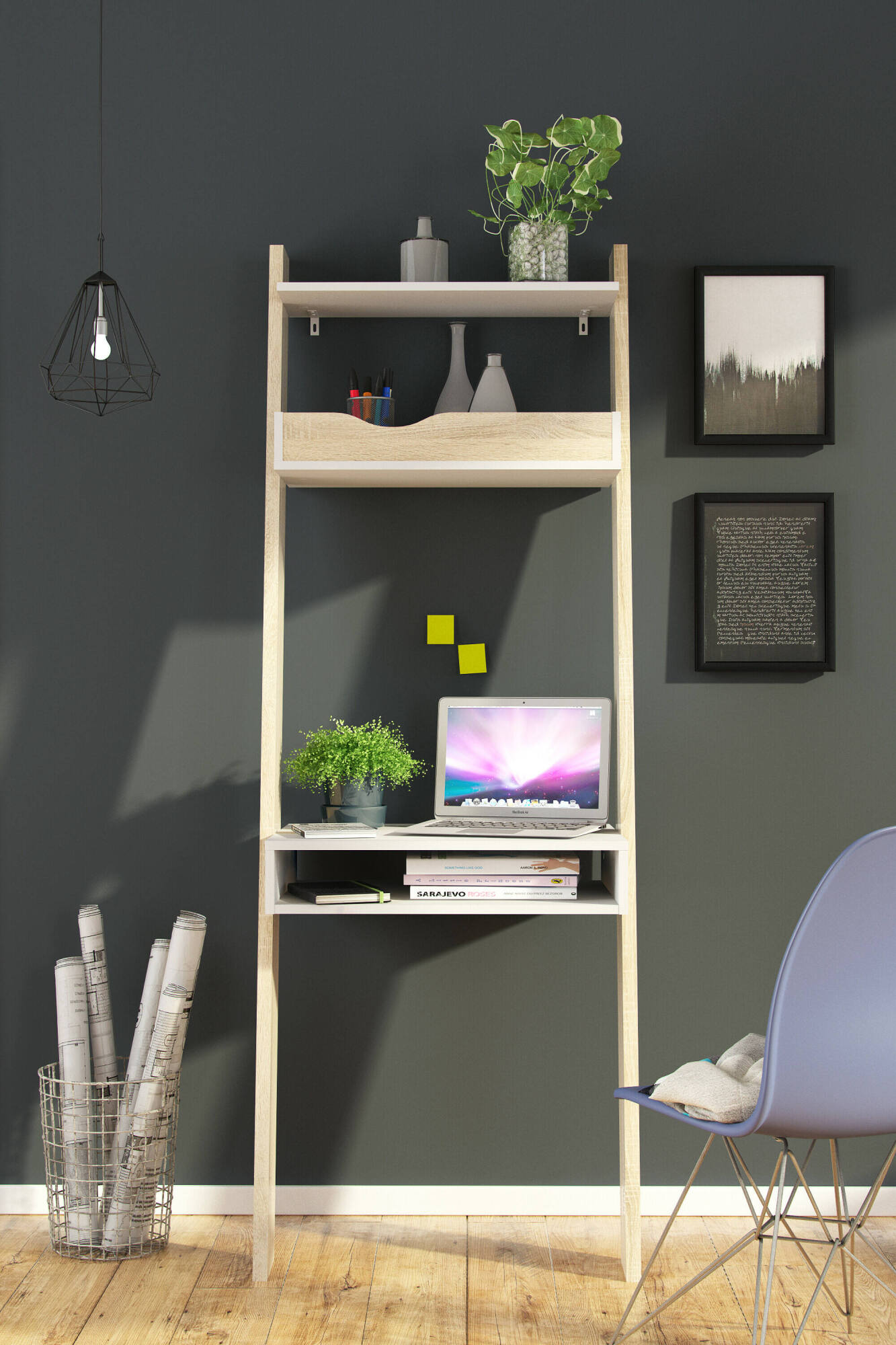 foto del prodotto scrivania aviv, colore bianco e rovere, cm 65 x 180 x 48