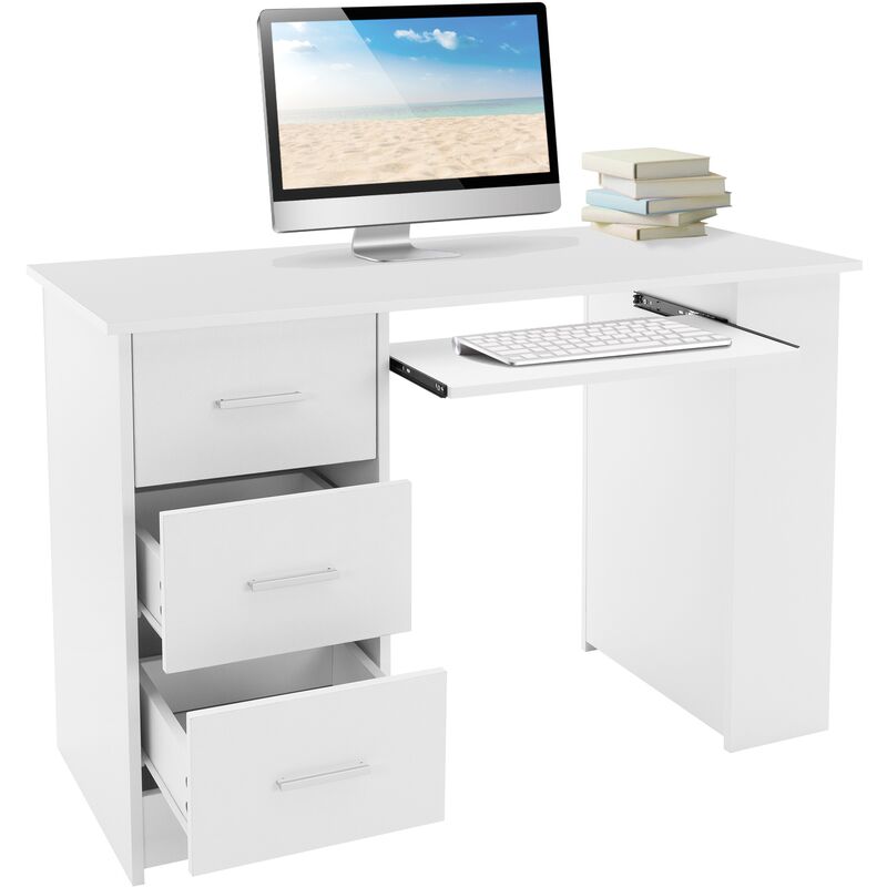 foto del prodotto scrivania bianca con 3 cassetti 3 ripiani e cassetto per tastiera 110x49x75 cm pannelli mdf moderno elegante spazio di archiviazione tavolo da lavoro