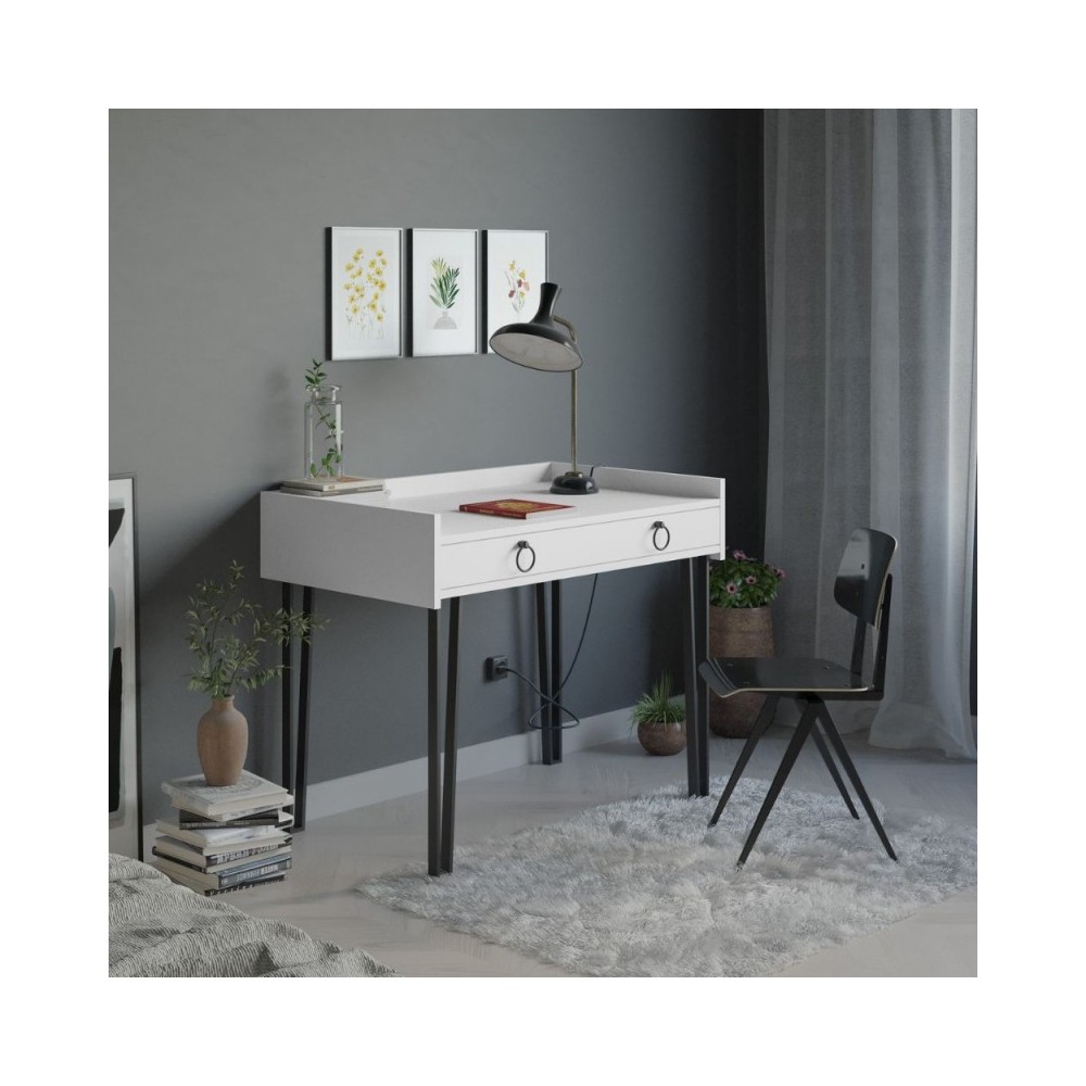 foto del prodotto scrivania bianca con gambe in metallo nero e cassetto sponge 100x62x81,5