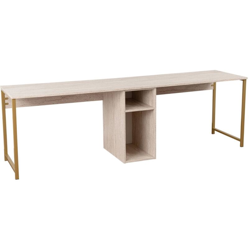 foto del prodotto scrivania caprioli, scrittoio multiuso, tavolo per ufficio porta pc, piano di lavoro, 240x60 h74 cm, beige e oro dmora