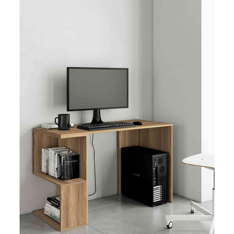 foto del prodotto scrivania casa ufficio con ripiani di color rovere misure 117 x 50 x 73,5 cm.