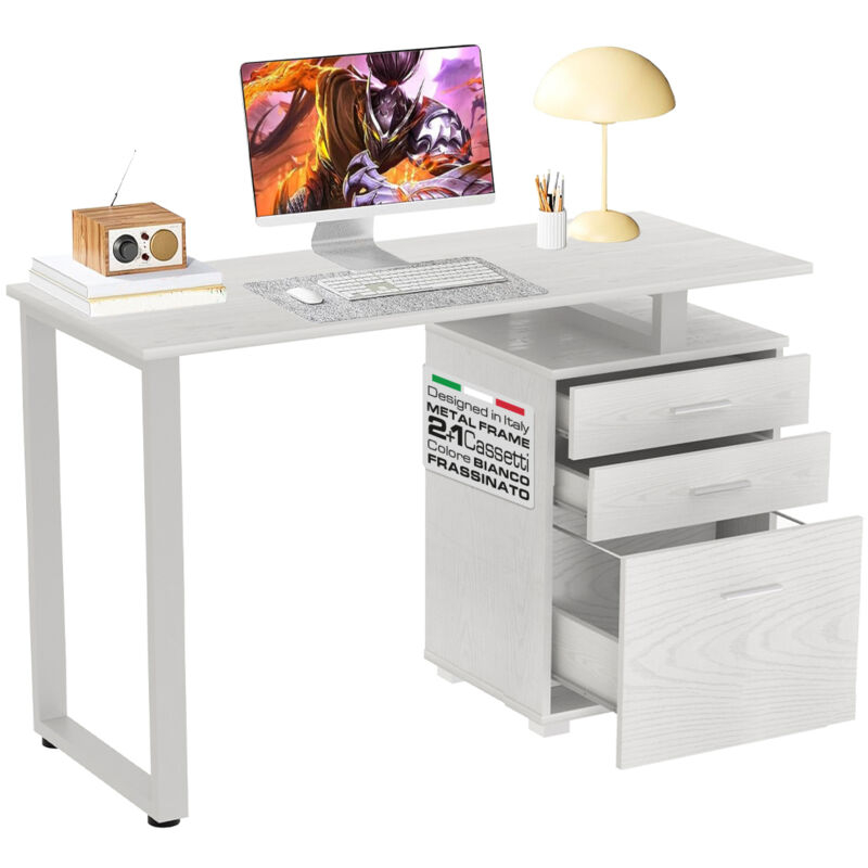 foto del prodotto scrivania cassettiera tavolo porta pc computer acciaio legno bianco frassinato
