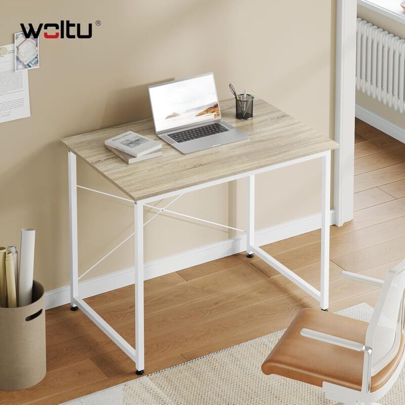 foto del prodotto scrivania computer tavolo pc scaffale moderno per ufficio lavoro studio legno bianco woltu