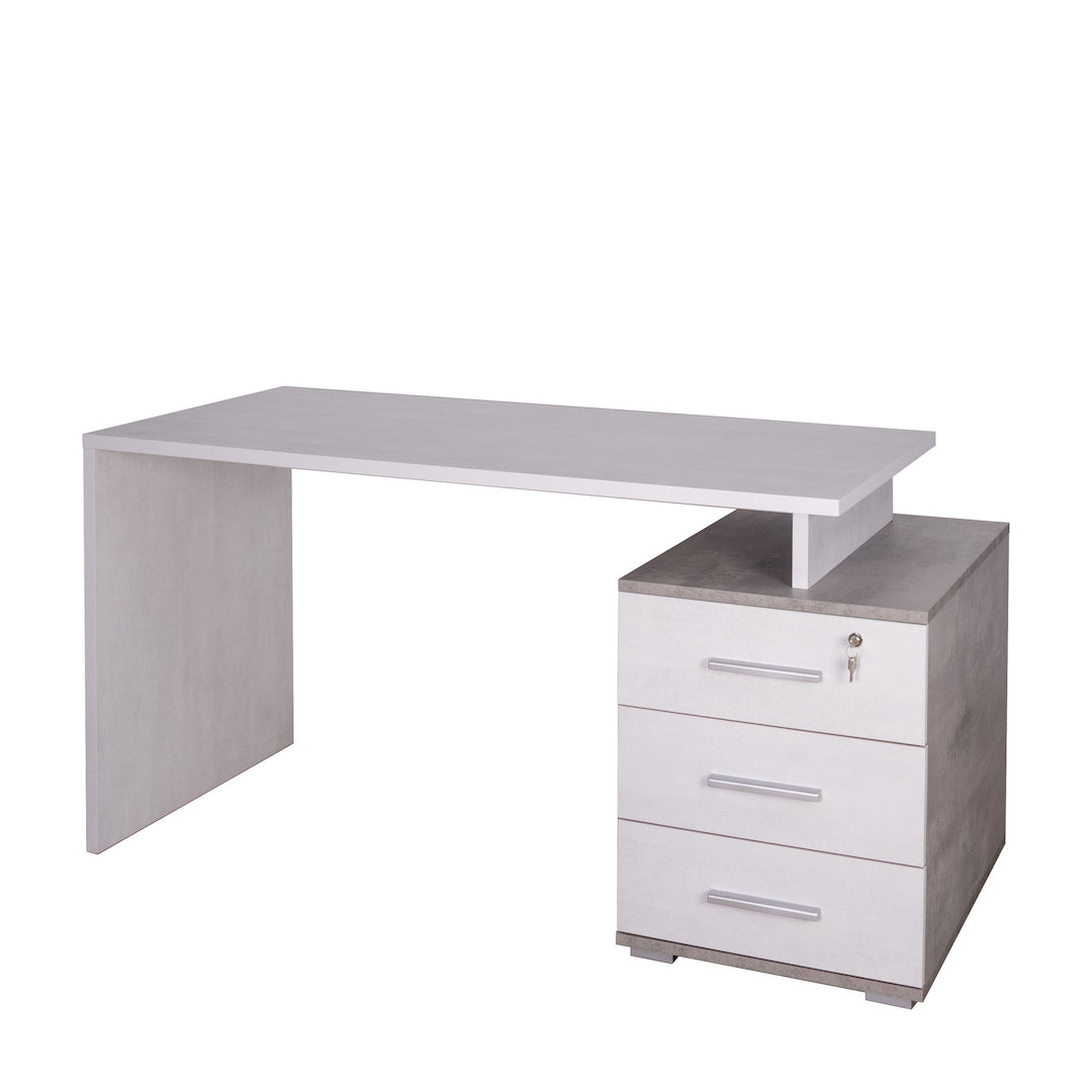 foto del prodotto scrivania con 3 cassetti 154x65x74h cm dal design moderno in kit di montaggio colore ossido bianco e cemento