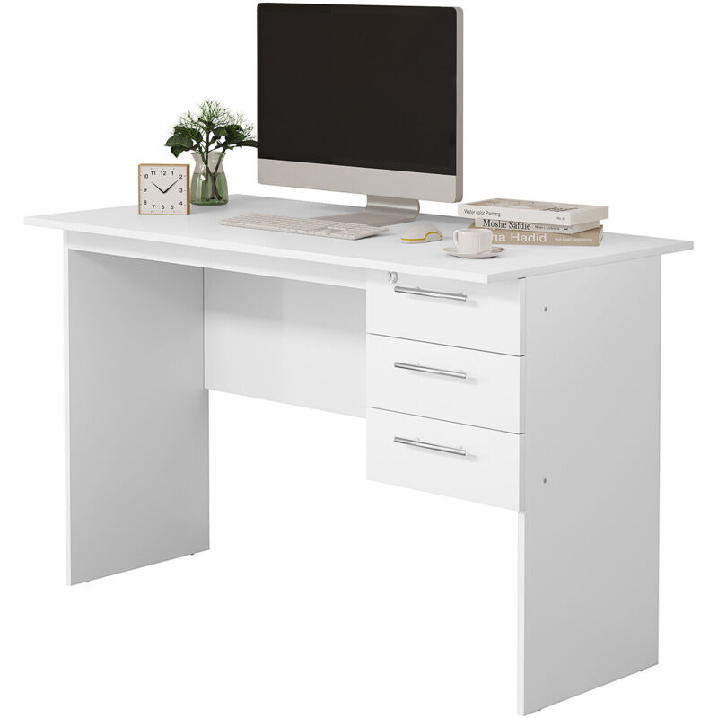 foto del prodotto scrivania con 3 cassetti per ufficio studio tavolo da lavoro porta pc in legno bianco 120x60x75 cm woltu