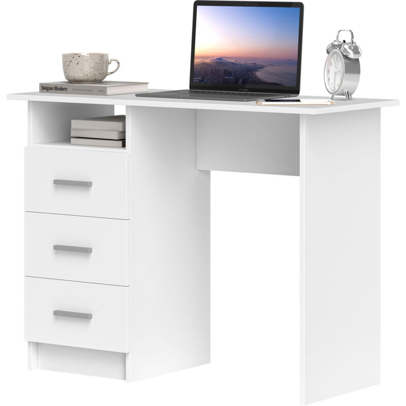 foto del prodotto scrivania con cassetti e ripiano aperto in legno bianco e marrone homcom
