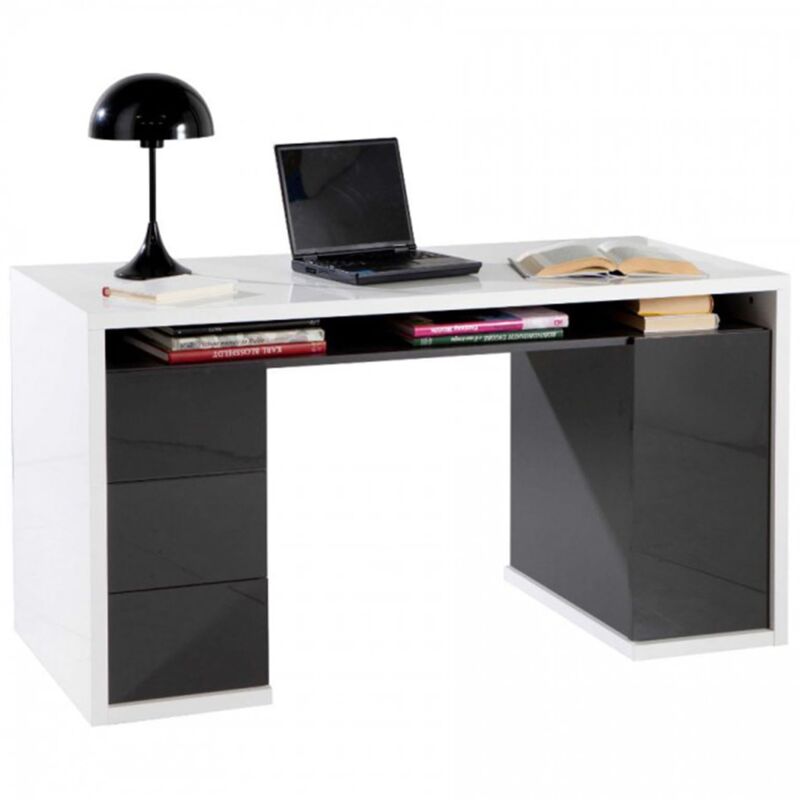foto del prodotto scrivania con cassettiera nero lucido da ufficio e stanzetta porta pc 140 cm