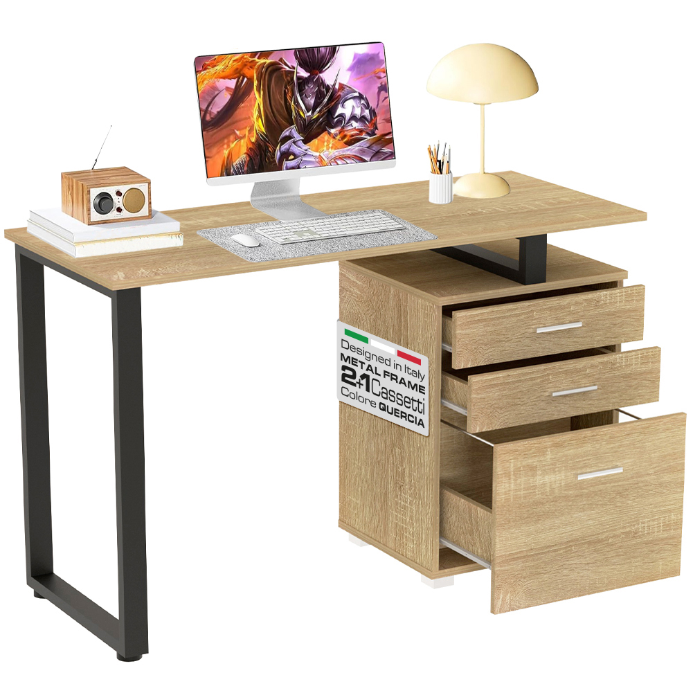 foto del prodotto scrivania con cassettiera tavolo porta pc computer acciaio legno quercia chiaro