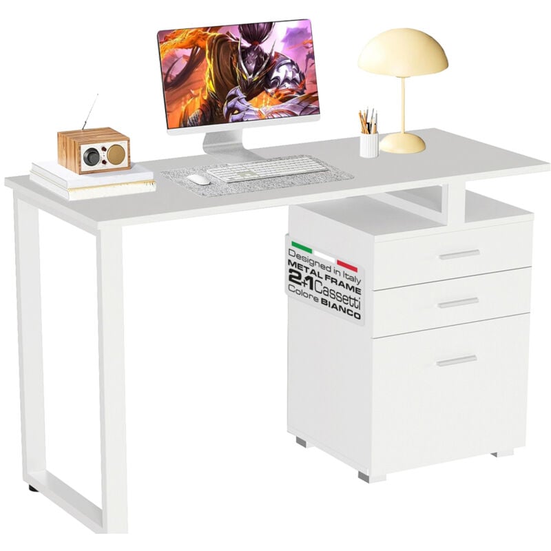 foto del prodotto scrivania con cassettiera tavolo porta pc computer acciaio legno ufficio bianco