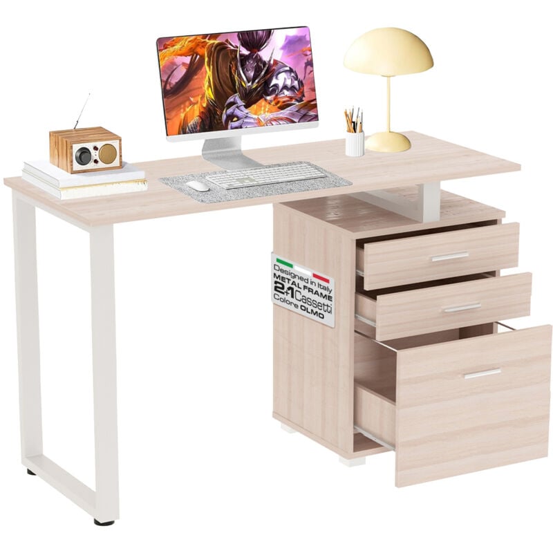 foto del prodotto scrivania con cassettiera tavolo porta pc computer acciaio piano in legno olmo