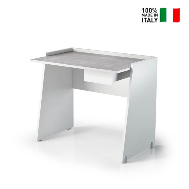foto del prodotto scrivania con cassetto guida in metallo e piano a effetto cemento bianco piano cemento