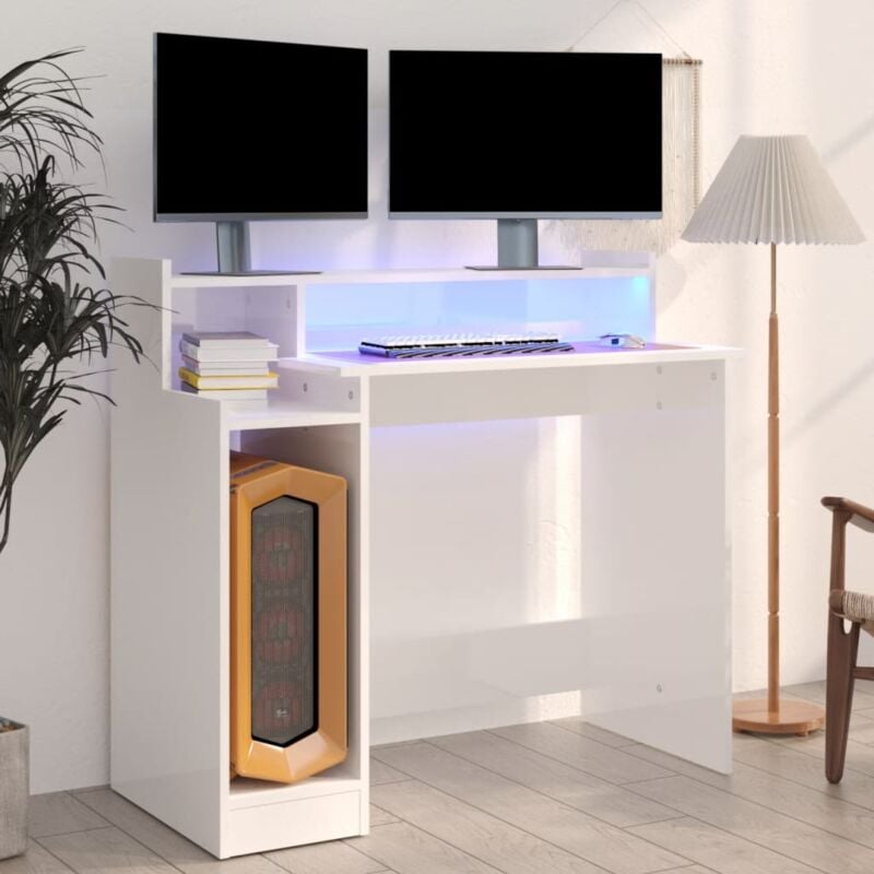 foto del prodotto scrivania con led bianco lucido 97x45x90cm in legno multistrato vidaxl