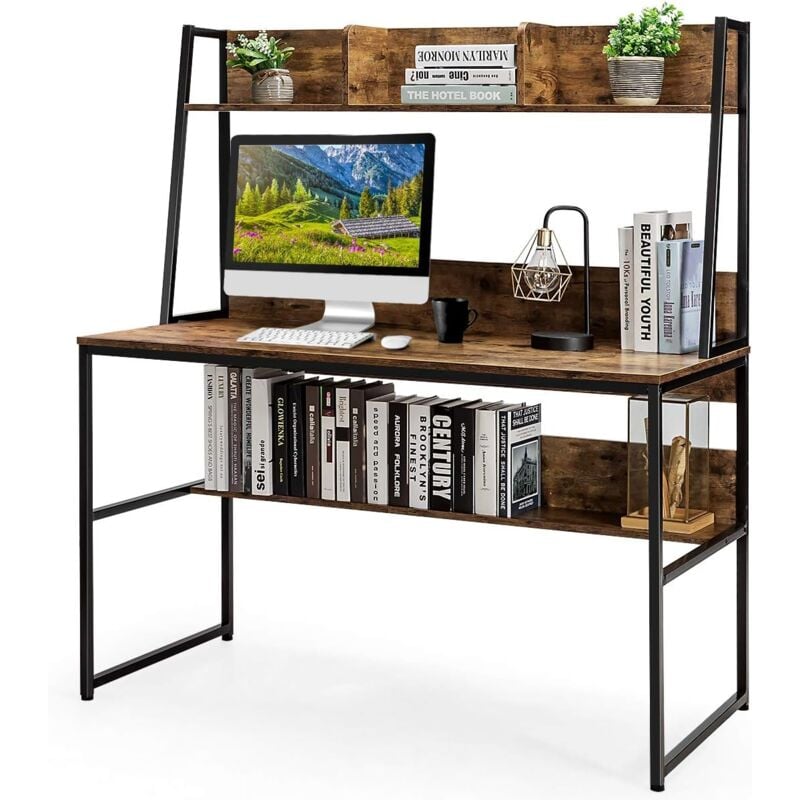 foto del prodotto scrivania con libreria e ripiano, scrivania salvaspazio per pc portatile con 3 scomparti e ripiano aperto, scrivania per ufficio e casa, 120 x 57 x
