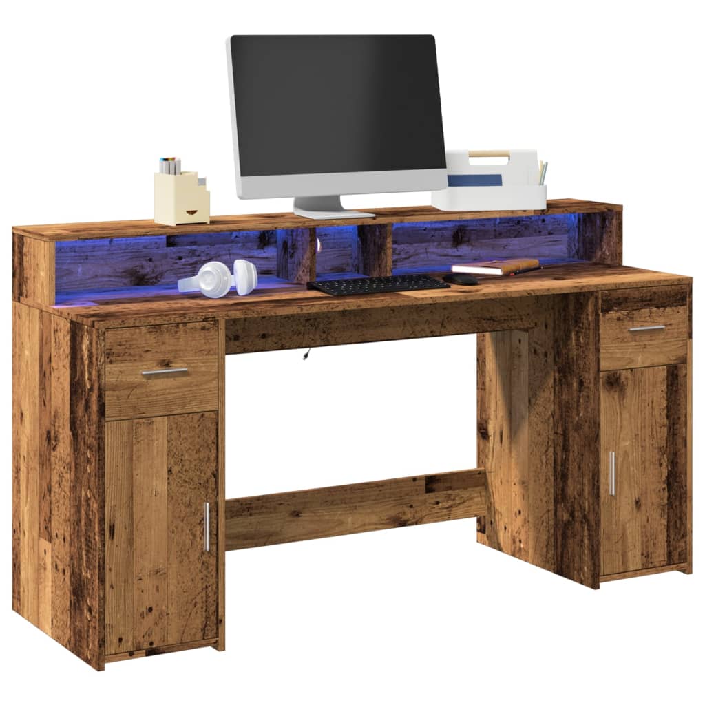 foto del prodotto scrivania con luci led legno antico 160x55x91 cm in multistrato