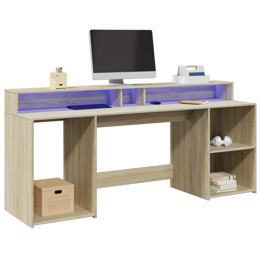 foto del prodotto scrivania con luci led rovere sonoma 200x55x91cm in truciolato