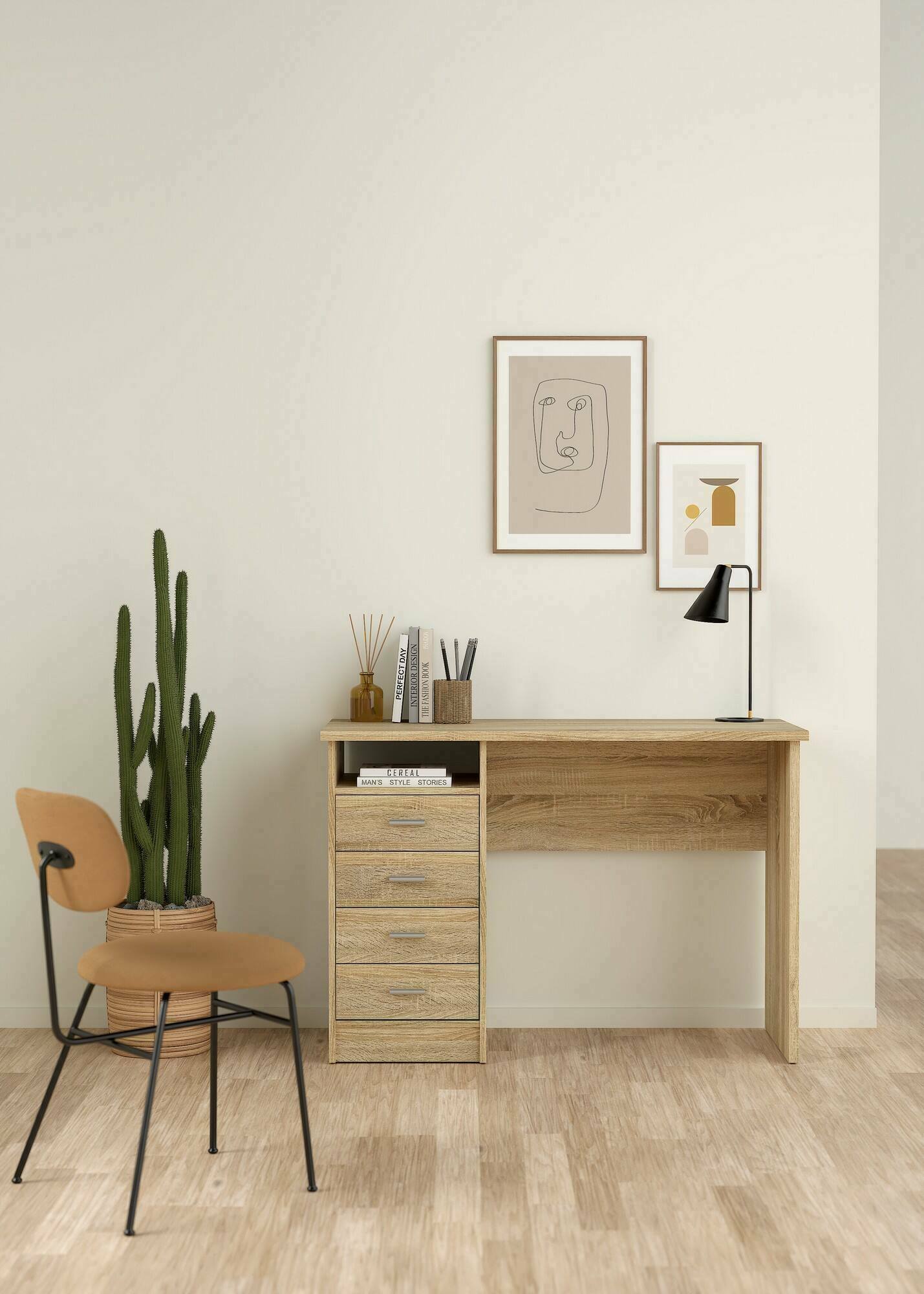 foto del prodotto scrivania con quattro appollo, colore rovere, cm 110 x 76 x 48