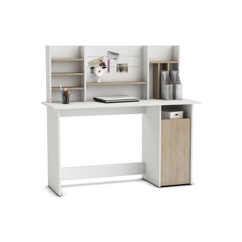 foto del prodotto scrivania con testata di riponimento ambre colore bianco e quercia, 135x50x74 cm
