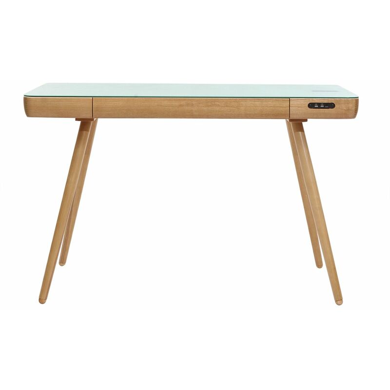 foto del prodotto scrivania connessa multimediale in vetro e legno chiaro clever