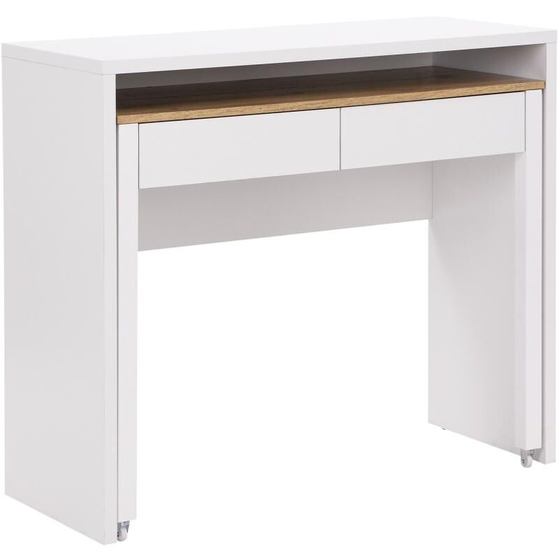 foto del prodotto scrivania consolle allungabile con 2 cassetti bianco e naturale loavia