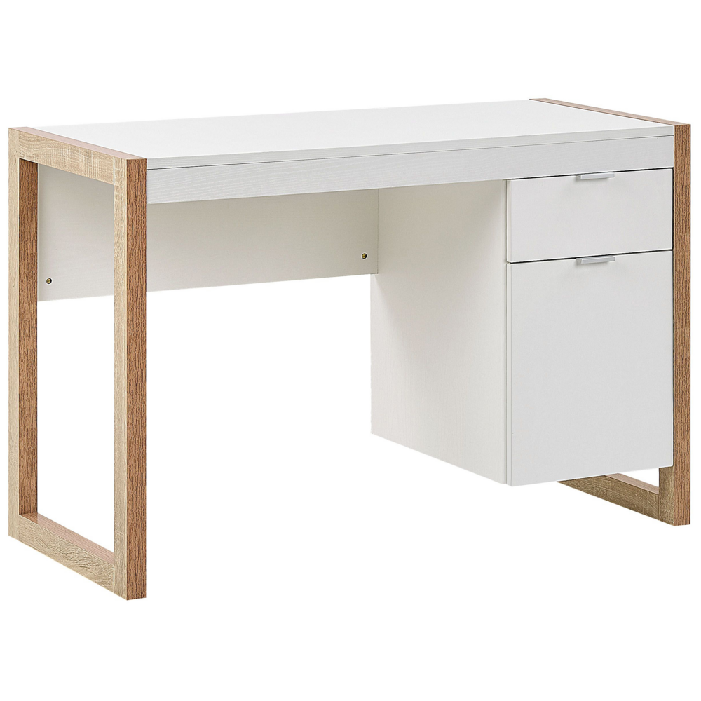 foto del prodotto scrivania da casa in legno bianco 110 x 50 cm cassetto portaoggetti in legno chiaro design minimalista