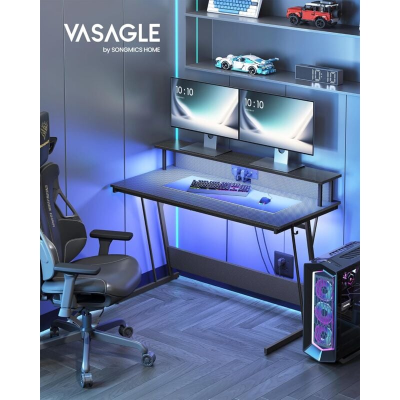 foto del prodotto scrivania da gaming con luci led e prese di corrente, scrivania da computer, supporto per monitor, tavolo per 2 monitor, ufficio, camera da letto, 55