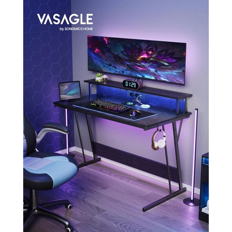 foto del prodotto scrivania da gaming con luci led e prese di corrente, scrivania da computer, supporto per monitor, tavolo per 2 monitor, ufficio, camera da letto, 60