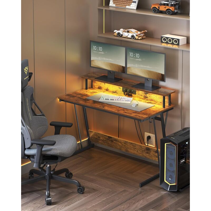 foto del prodotto scrivania da gaming con luci led e prese di corrente, scrivania da computer, supporto per monitor, tavolo per 2 monitor, ufficio, camera da letto, 60