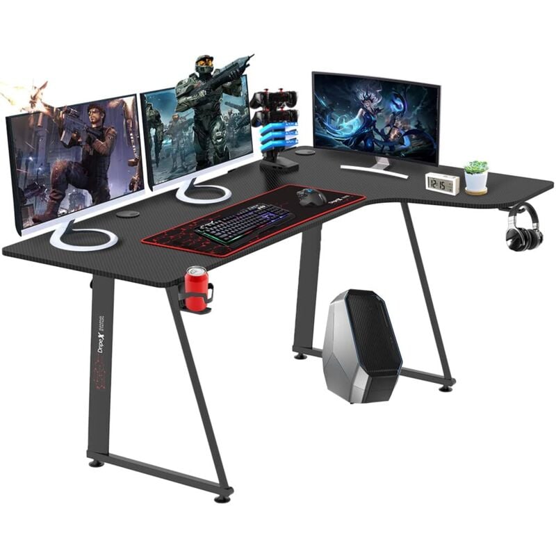 foto del prodotto scrivania da gioco ergonomica, tavolo per computer dritto a l, ampia scrivania da gioco con cestino per bevande e gancio per cuffie, adatta per