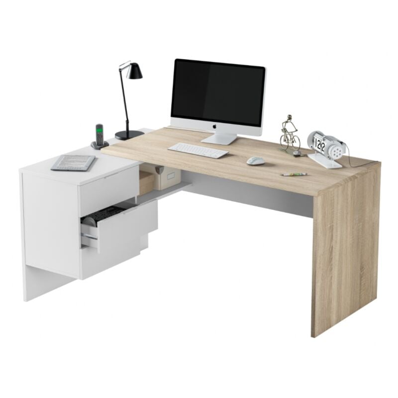 foto del prodotto scrivania da ufficio 145x108x73h cm con 3 cassetti e 1 ripiano bianco opaco e rovere canadese zugo
