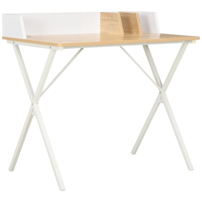 foto del prodotto scrivania da ufficio 80x50x84 cm gambe a forma di x e bordo rialzato sul retro vari colori colore bianco e naturale