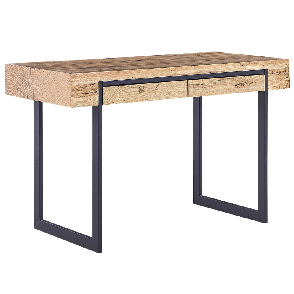 foto del prodotto scrivania da ufficio in legno chiaro con struttura in acciaio mdf nero 120 x 55 cm con 2 cassetti