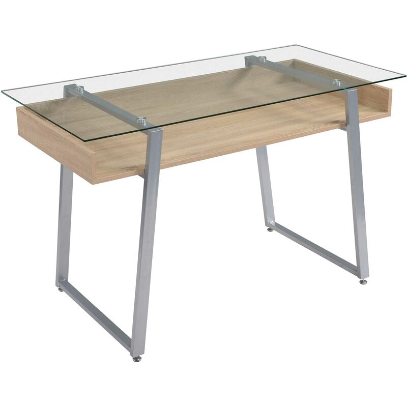 foto del prodotto scrivania da ufficio porta pc 120x60x74,5 cm in acciaio legno e piano in vetro