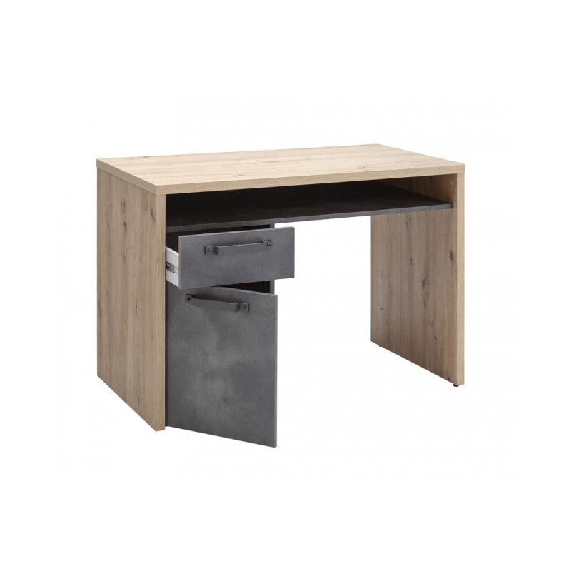 foto del prodotto scrivania da ufficio porta pc stile industrial con 1 anta e 1 cassetto color rovere e nero 110 cm