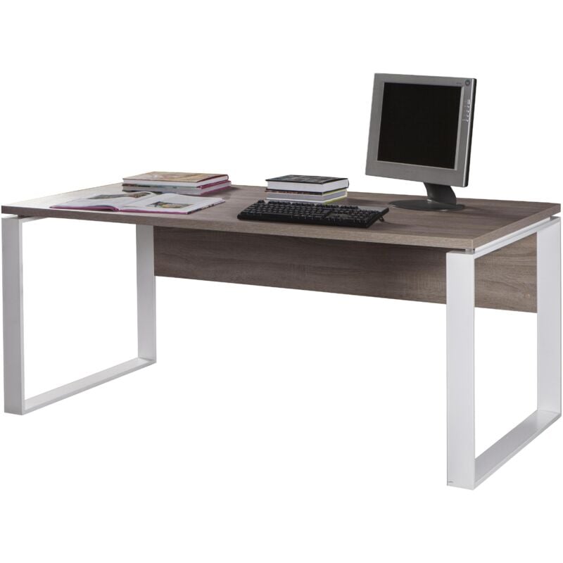 foto del prodotto scrivania disegno 170x80xh74cm rovere tartufo e gambe in metallo bianche