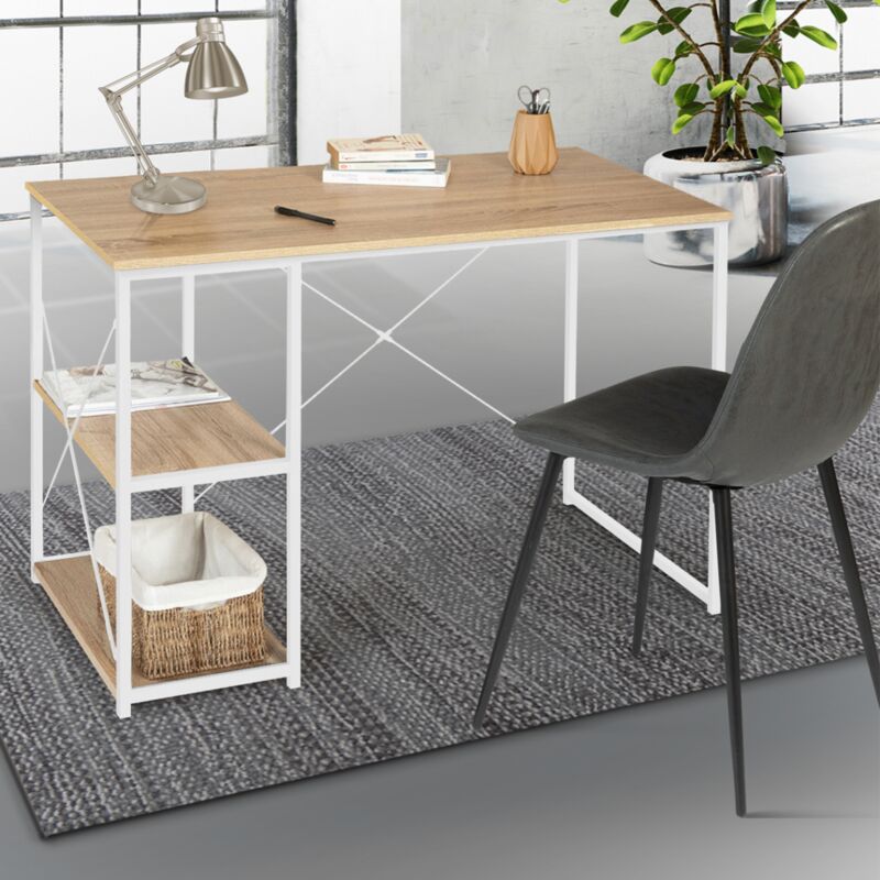 foto del prodotto scrivania dritta in legno e metallo bianco, design industriale detroit