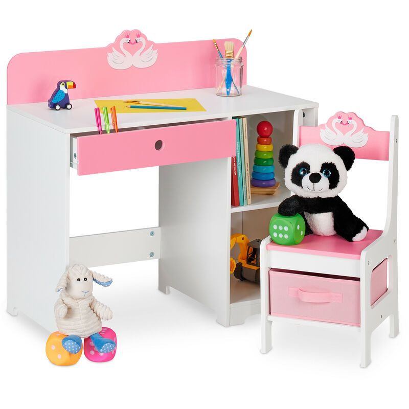 foto del prodotto scrivania e sedia per bambini, con cassetto e 2 ripiani aperti, in mdf, design cigni innamorati, bianco rosa relaxdays