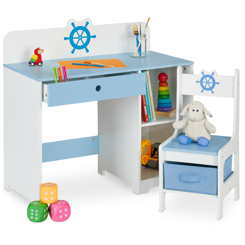 foto del prodotto scrivania e sedia per bambini, con cassetto e 2 ripiani aperti, in mdf, motivo timone della nave, bianco blu relaxdays