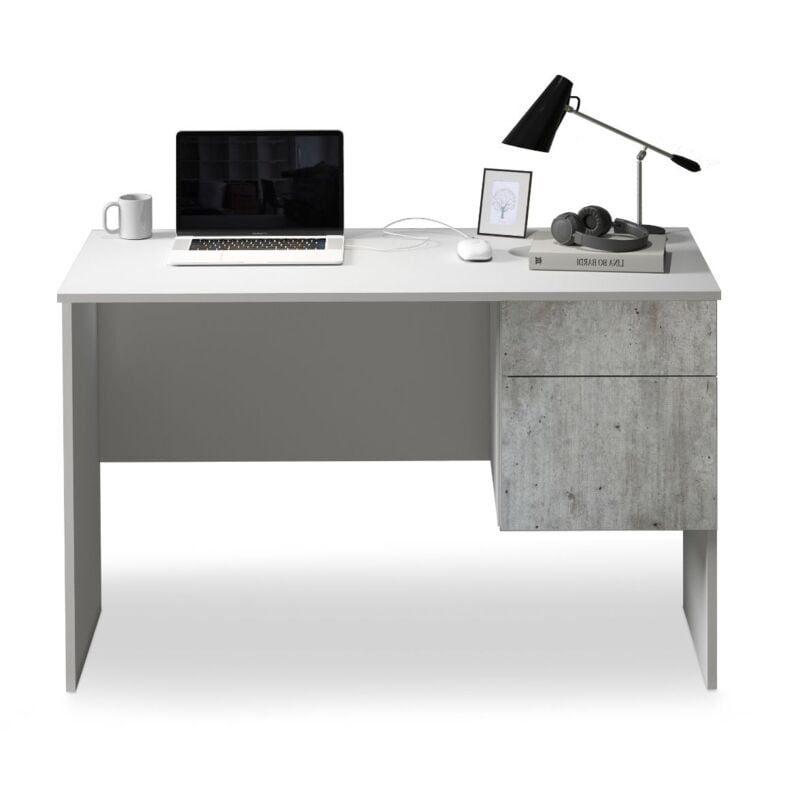 foto del prodotto scrivania easy per ufficio, studio o camera con 1 cassetto e 1 anta, ideale per adulti e bambini, 110x50x75 cm, bianco opaco e cemento whous