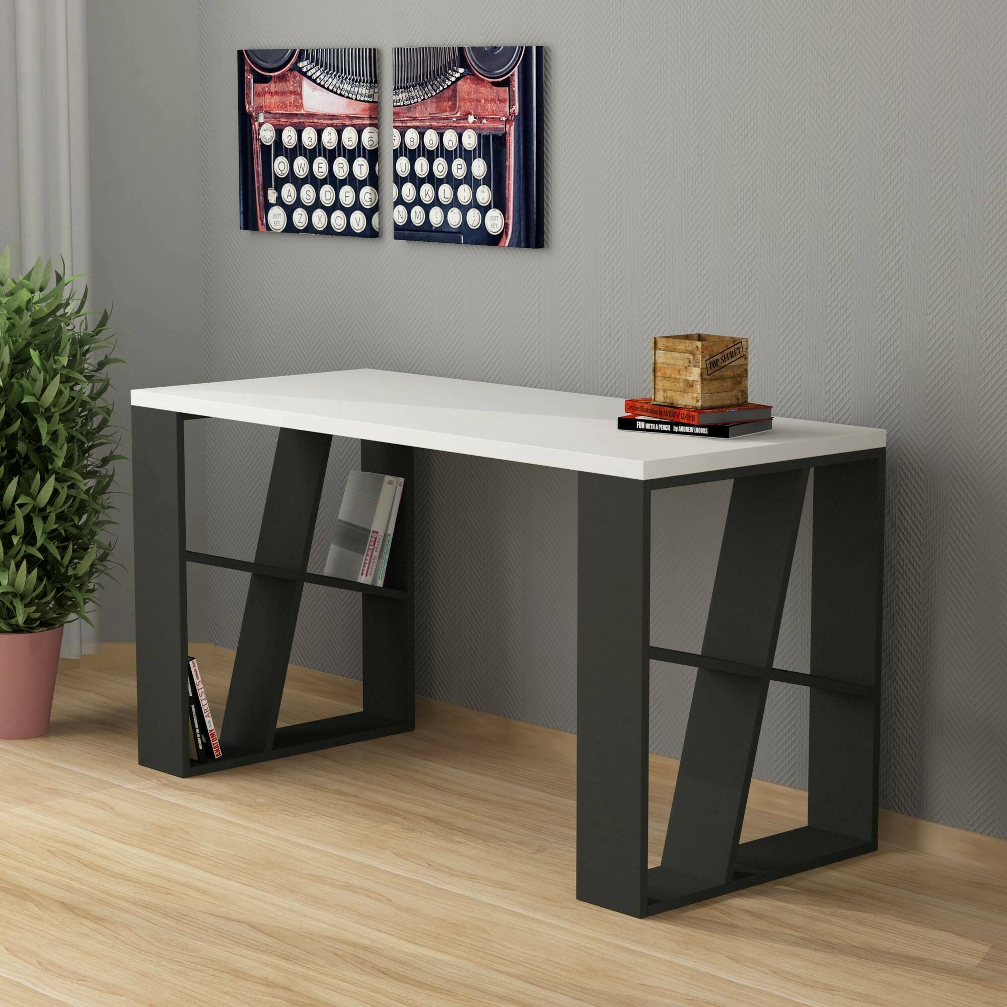 foto del prodotto scrivania eloi, scrittoio multiuso, tavolo per ufficio porta pc, piano di lavoro, 140x60 h75 cm, bianco e antracite