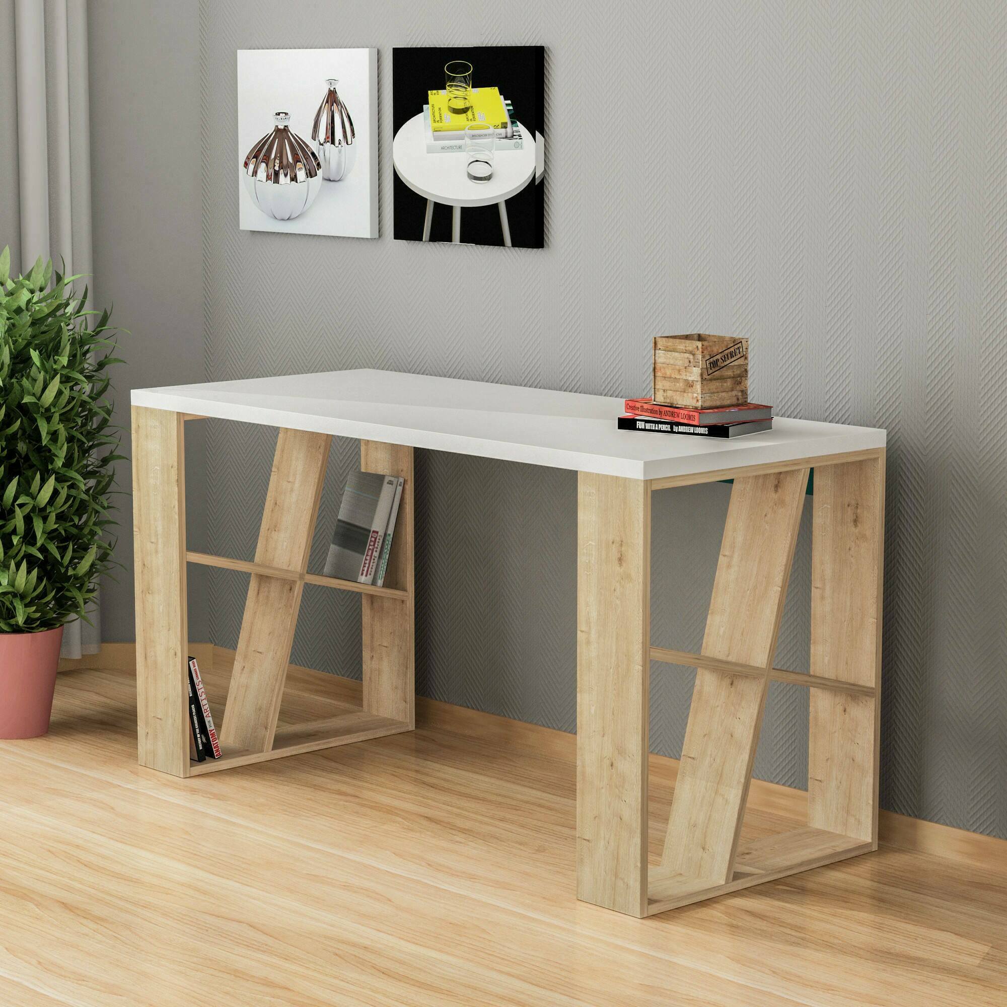 foto del prodotto scrivania ernestina, scrittoio multiuso, tavolo per ufficio porta pc, piano di lavoro, 140x60h75 cm, bianco e rovere