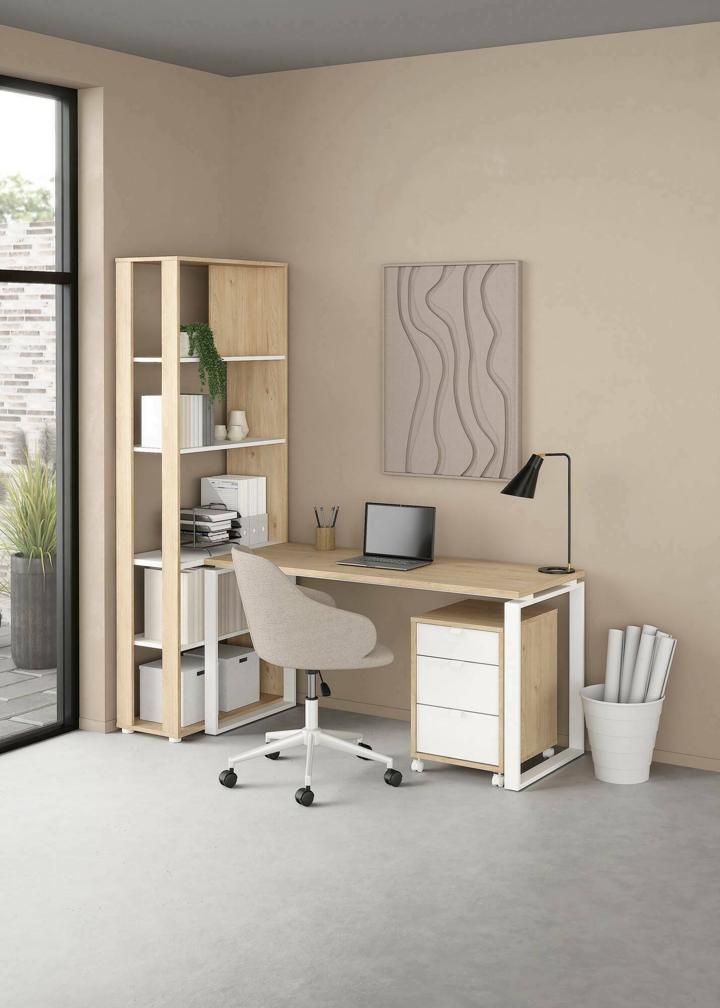 foto del prodotto scrivania etienne, scrittoio multiuso, tavolo per ufficio porta pc, piano di lavoro, 184x80 h205 cm, rovere e bianco
