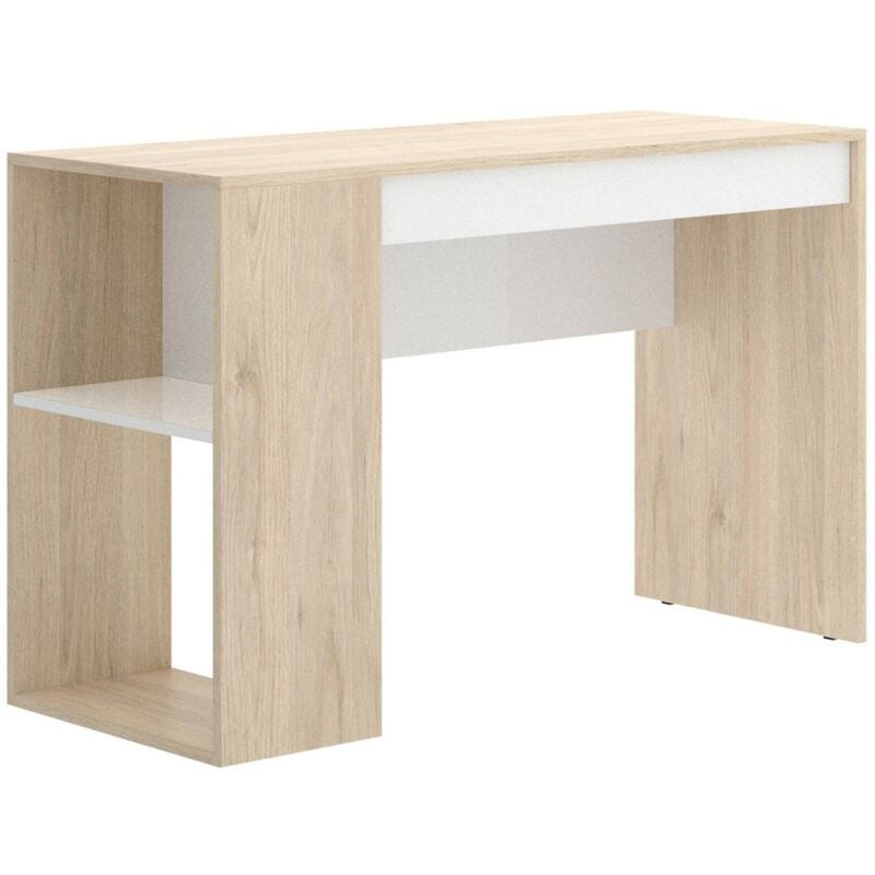 foto del prodotto scrivania grigna, scrittoio multiuso da ufficio o cameretta, tavolo da studio lineare con scaffali, 115x50h74 cm, rovere e bianco, con imballo