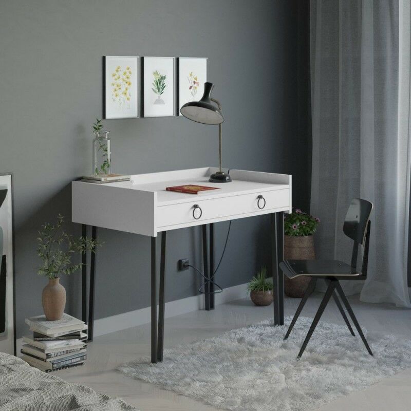 foto del prodotto scrivania in legno 100cm con cassetto colore bianca e gambe in metallo nero sponge
