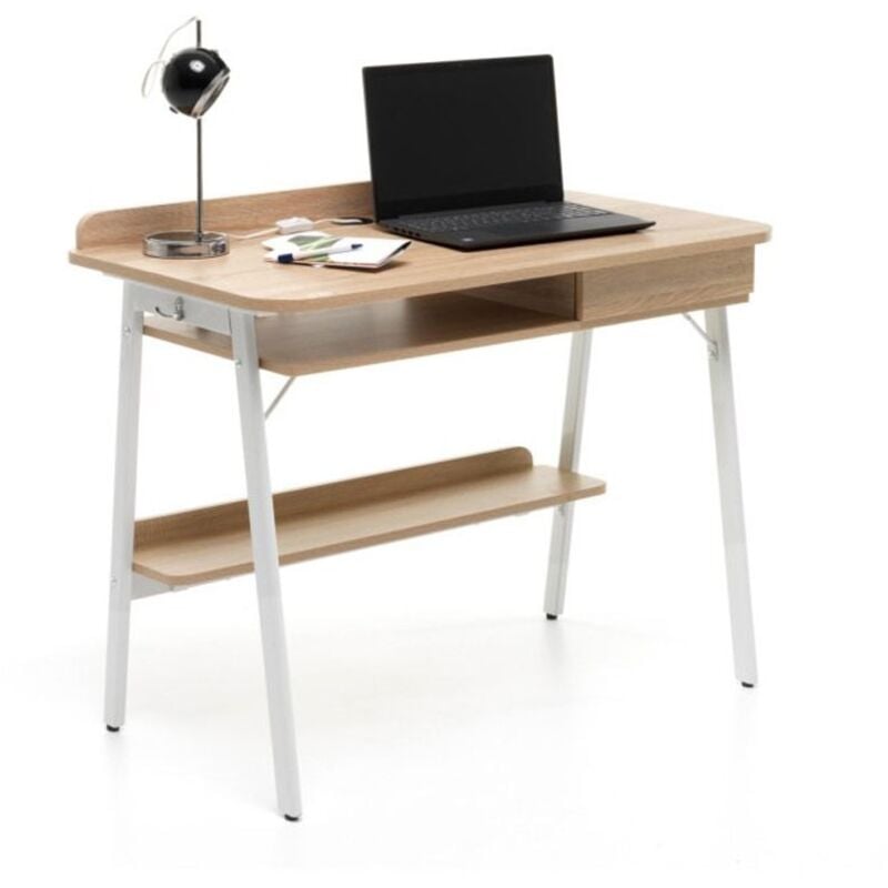 foto del prodotto scrivania in legno con cassetto rovere porta pc salvaspazio scrittoio