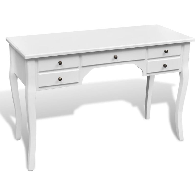 foto del prodotto scrivania in stile francese in legno con gambe curve e 5 cassetti colore bianco