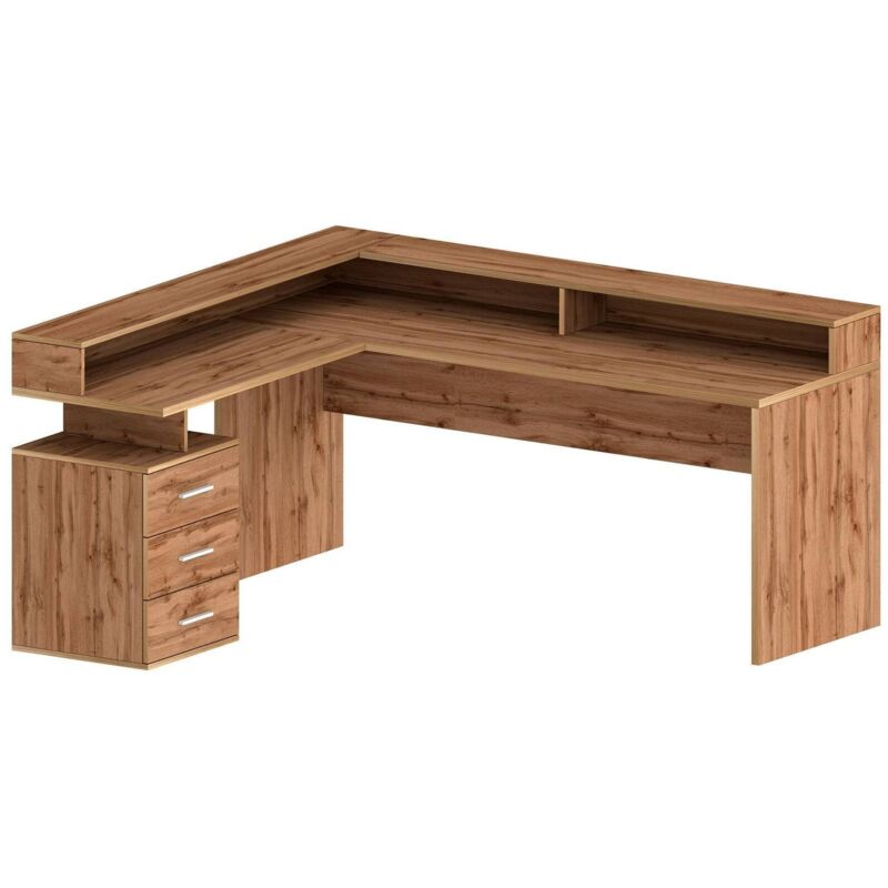 foto del prodotto scrivania leonilda, scrittoio angolare con sopralzo, scrivania ufficio multiuso, 180x90h160 cm, rovere - dmora