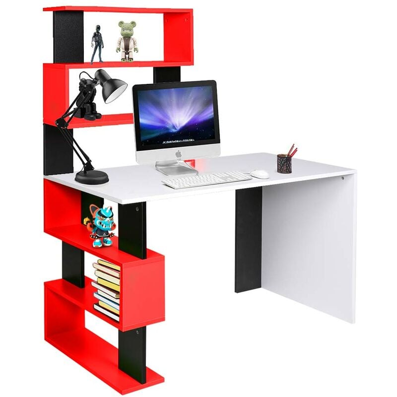 foto del prodotto scrivania libreria 7 ripiani tavolo porta pc computer legno casa ufficio rosso