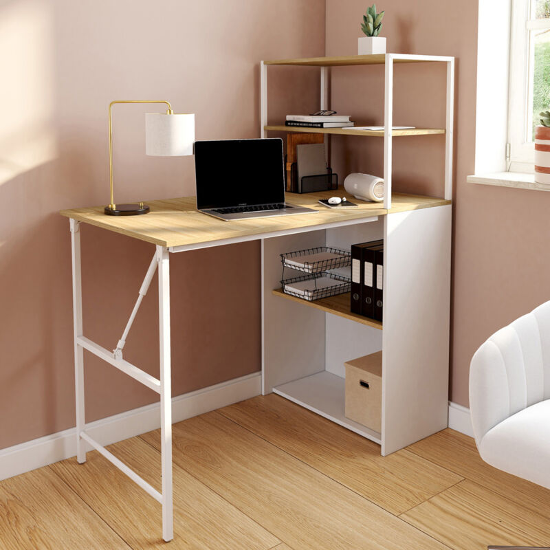 foto del prodotto scrivania libreria pieghevole ray con legno effetto faggio e piano pieghevole bianco