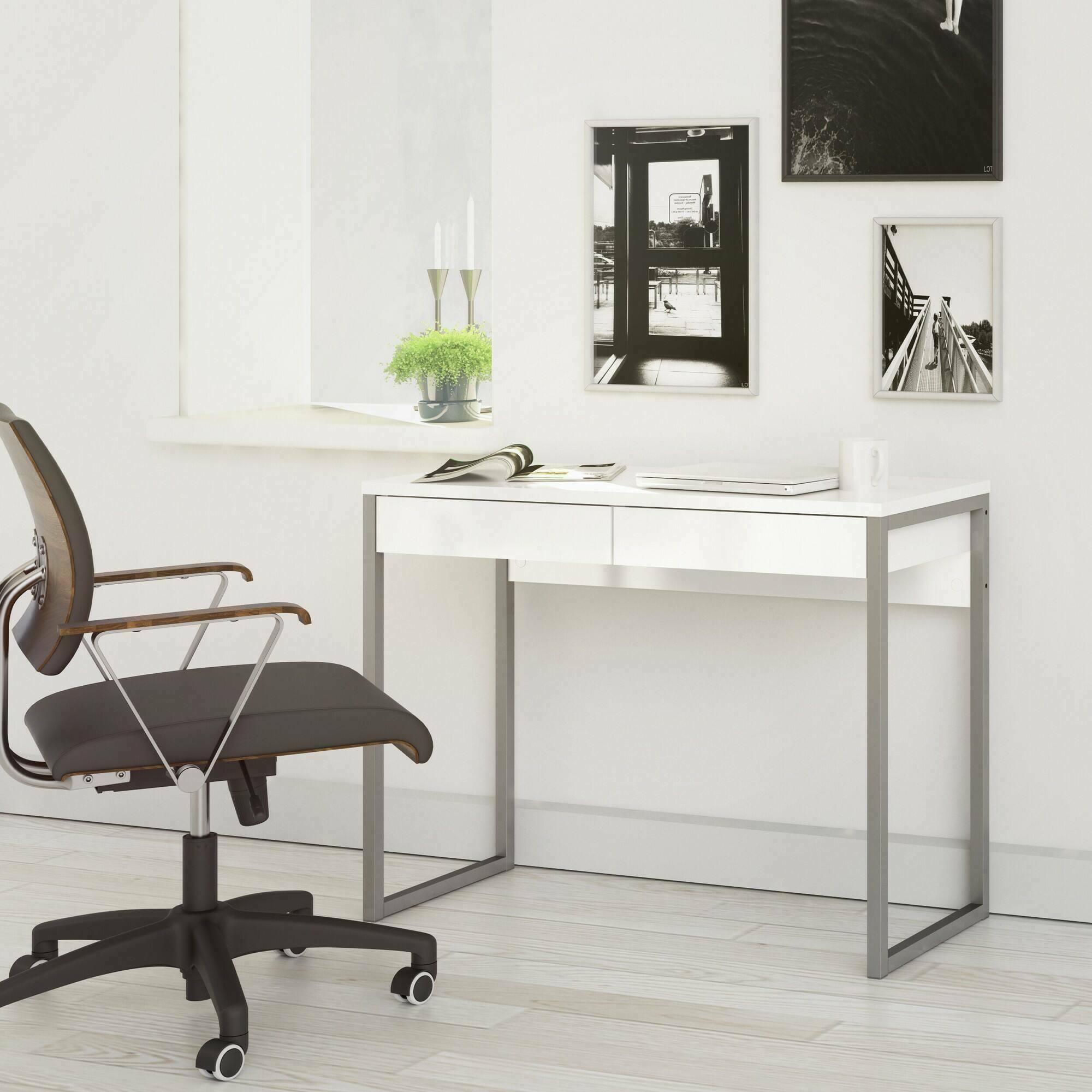 foto del prodotto scrivania lineare con due anavi, colore bianco, misure 101 x 76,5 x 40 cm